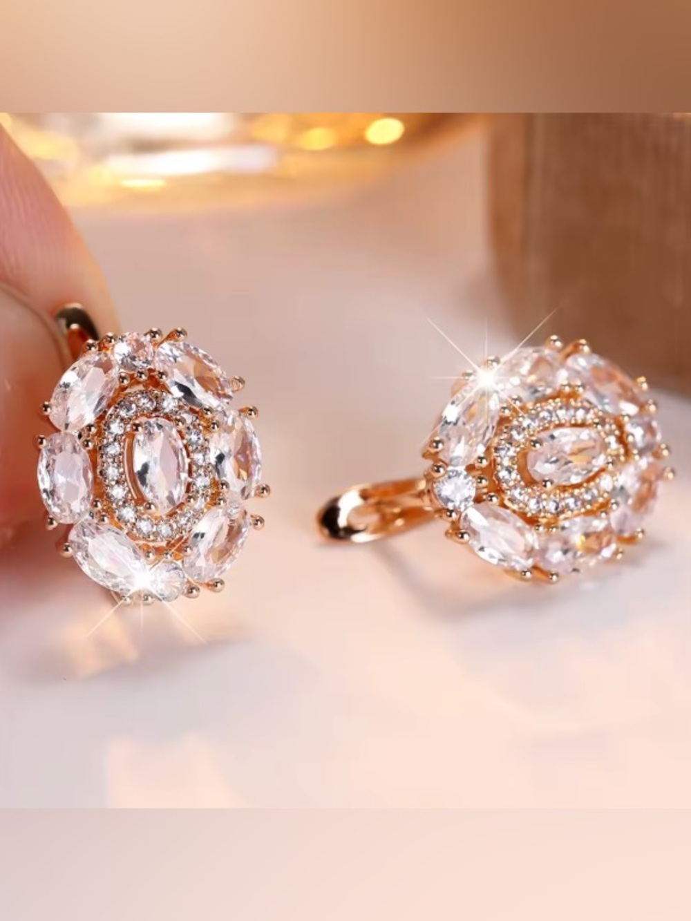 Elegant Luxury Hoop Earrings Featuring Oval Crystal & White Zircon. - Picture 4 of 9